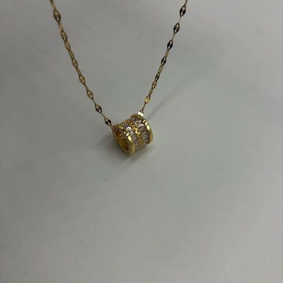 18K Gold Plated Stainless Steel Cubic Zirconia Cylinder Necklace Hypoallergenic - Picture 4 of 11
